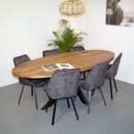 Eettafel Mango Ovaal 6 eetkamerstoelen Dean Stof Adore Dark Grey