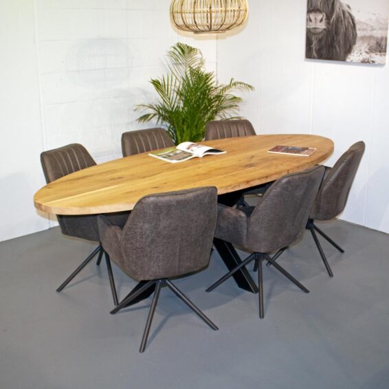 Eetkamerstoelen Leon - Eco-leer Savannah Anthracite Met Ovale Eiken Eettafel Rustiek 240 Cm