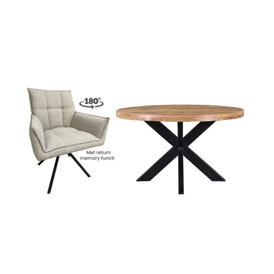 Combideal Eettafel Mango Rond + 4 Dynasty Eetkamerstoelen