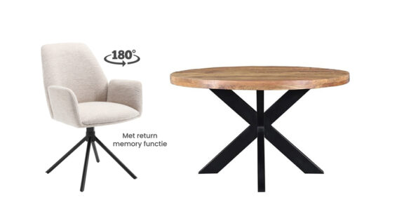 Combideal-Eettafel-Mango-Rond-+-4-Donatello-eetkamerstoelen P